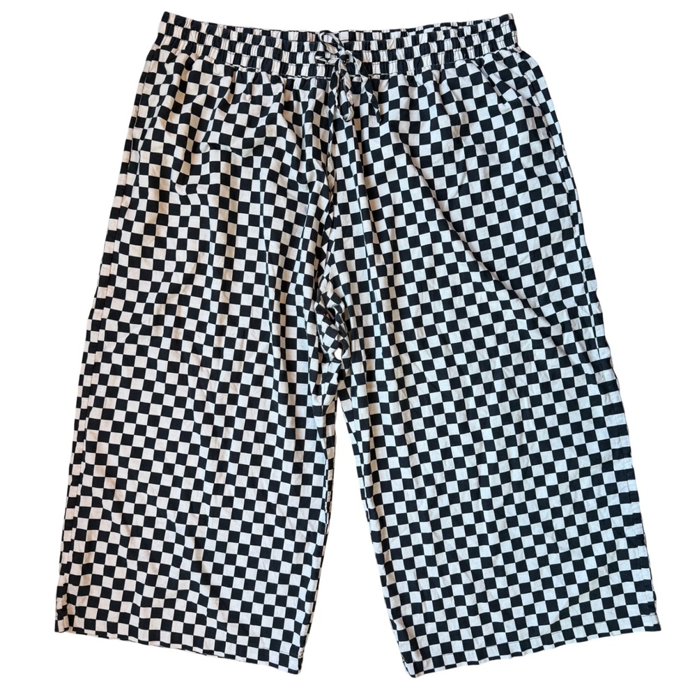 Wray Checkered Wide Leg Pants Women 4XL Black White Linen Blend Cropped Trousers